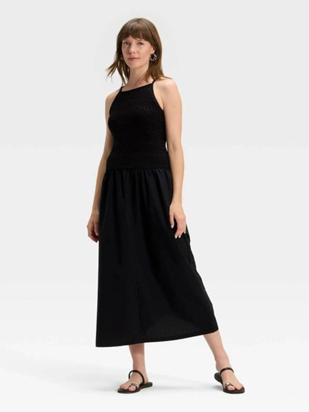 Women's Crochet Top Maxi Black Sundress with Pockets - Size: XS